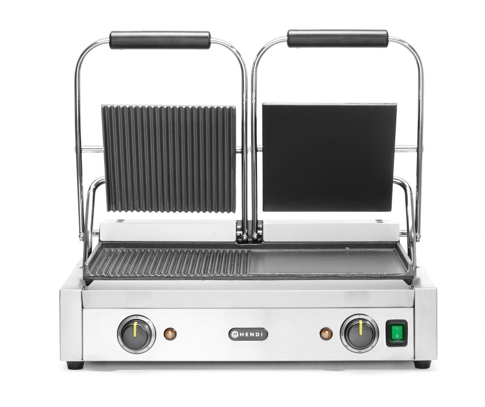 Grill de contact - modèle double, HENDI, moitié lisse, moitié rainuré, 230V/3600W, 570x375x(H)216mm