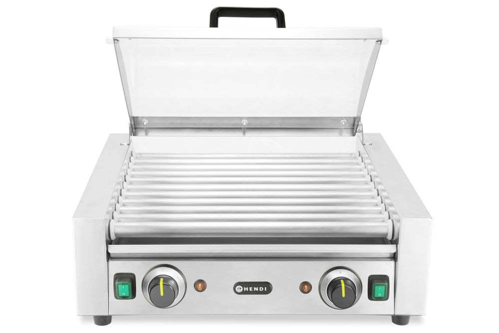 Grill roulant pour saucisses - 2 zones avec couvercle pour économie d'énergie, HENDI, 220-240V/980W, 566x527x(H)259mm